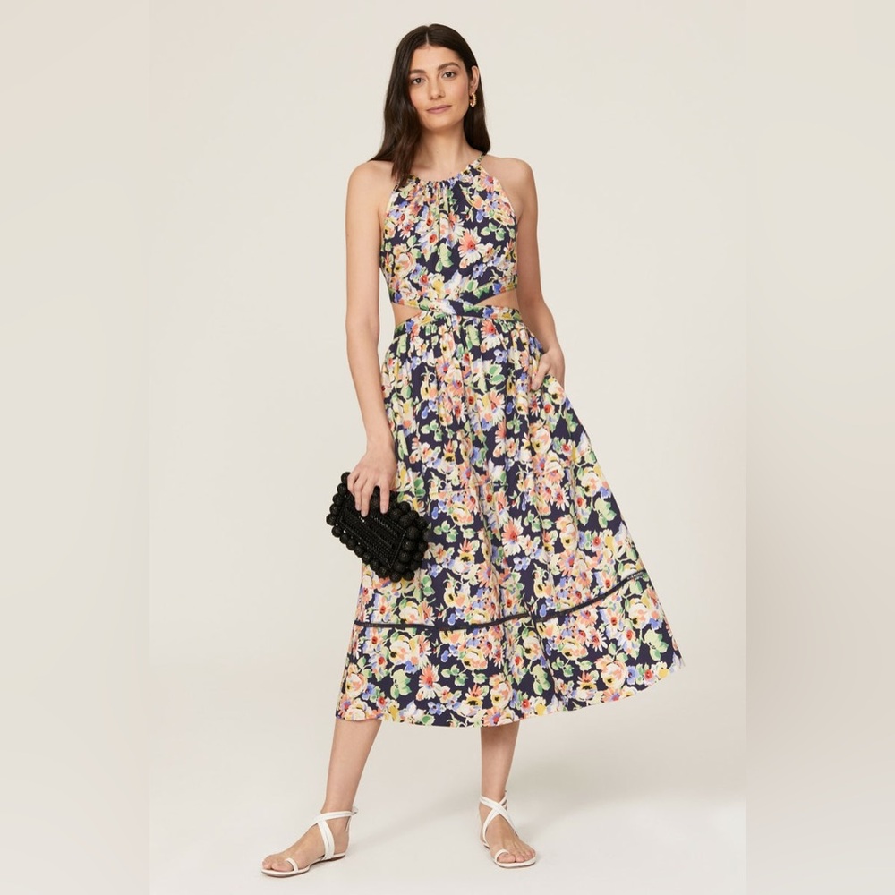 Something Navy Blue Cotton Floral Cutaway Dress Sz. L NWT